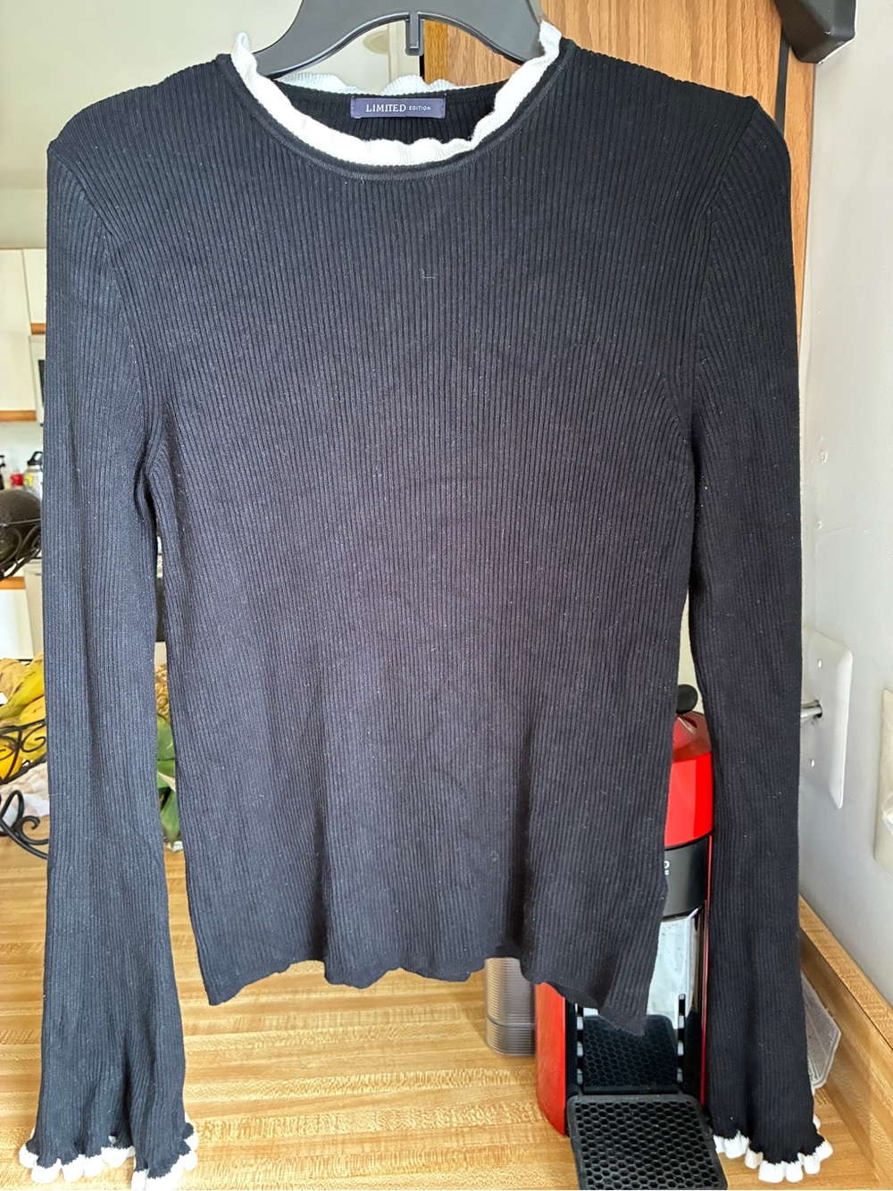 The Limited Black Ribbed Long-Sleeve Top with White Ruffle Trim